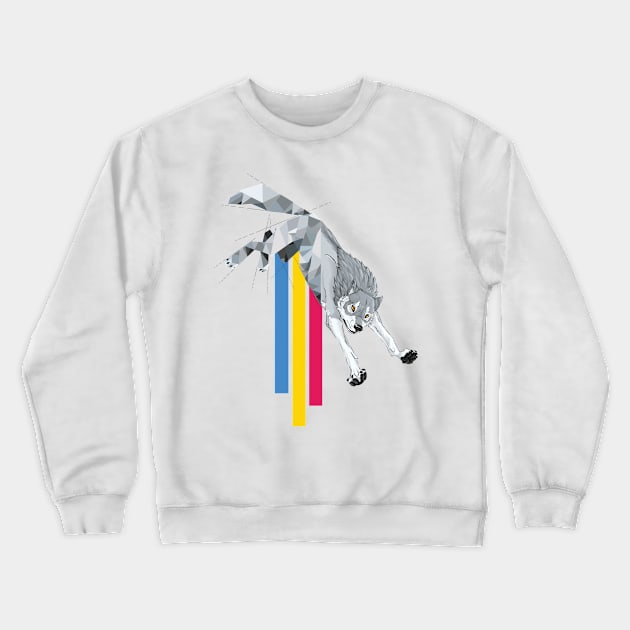 Grey wolf with primary color streak Crewneck Sweatshirt by Professional_Doodles